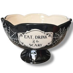 Black Halloween Eat Drink & Be Scary Pedestal Serving Dish Spiderwebs Skulls